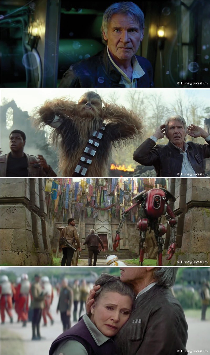 Star Wars - Old Friends : Han Solo, (Harrison Ford), Chewbacca, (Peter Mayhew), Finn, (John Boyega) and Princess Leia Organa, (Carrie Fisher)